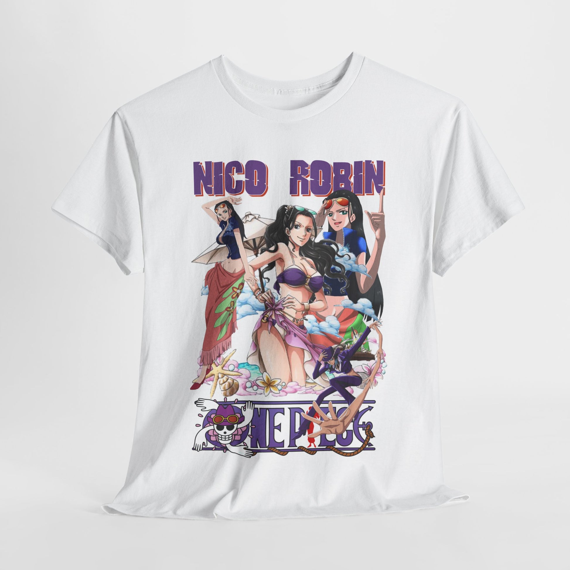 Elegant display of a white t-shirt showcasing a striking anime graphic of Nico Robin and friends, perfect for summer fashion statements.