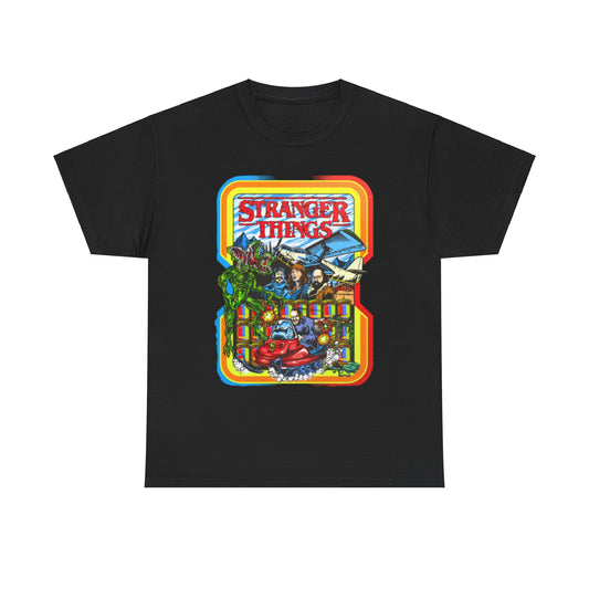 Exclusive unisex 'Stranger Things' graphic tee with an intricate mashup of retro gaming and popular characters, set against a stylish black background, ideal for collectors and enthusiasts of the iconic series.