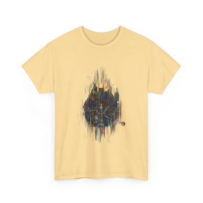 Front view of Millenium Falcon Abstract Art Graphic T-Shirt displayed in elegant yellow, featuring abstract art and cotton comfort.