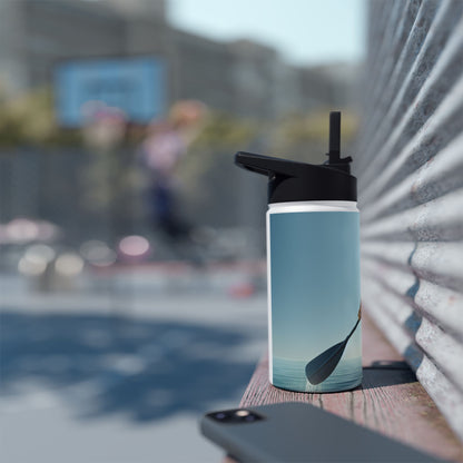 Fantasy Paddleboarding Stainless Steel Water Bottle resting on a wooden surface, highlighting its elegant design and connection to active lifestyles.