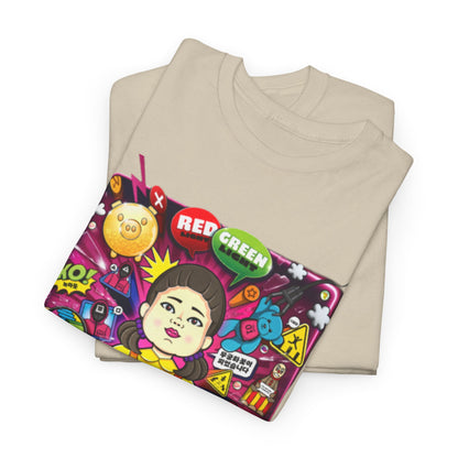 Premium folded Squid Game-themed t-shirt showcasing imaginative designs and bold colours, ideal for fashion-forward enthusiasts.