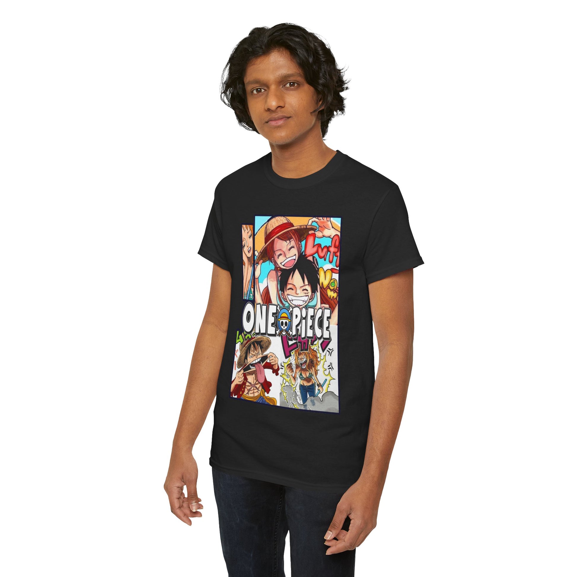 Men's luxury One Piece manga-inspired T-shirt featuring vibrant collage artwork, showcasing beloved characters in lively poses.