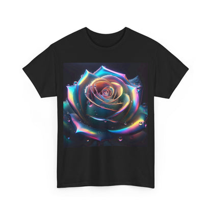 Ethereal Rose Tee Unisex Cotton Graphic T-Shirt in black, featuring a captivating close-up of a multicolored rose with dew-like droplets.