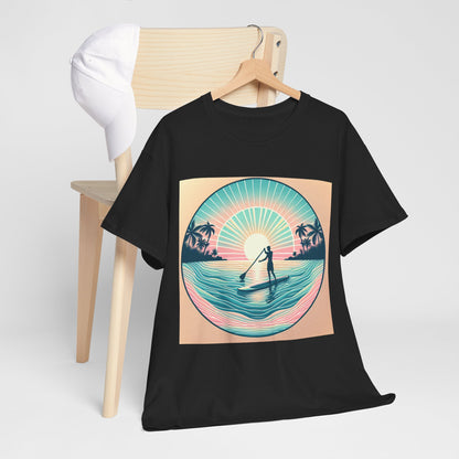 Lifestyle shot of the Delightfull Paddle Board T-Shirt by Dazzling Dreams Studio, perfect for casual outings or water sports, representing a symbol of adventure and connection with nature.