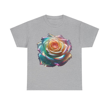 Ethereal Rose Unisex Cotton Tee highlighted by a beautiful artistic floral design of a radiant rose with shimmering iridescent accents on a classic grey backdrop, embodying elegance.