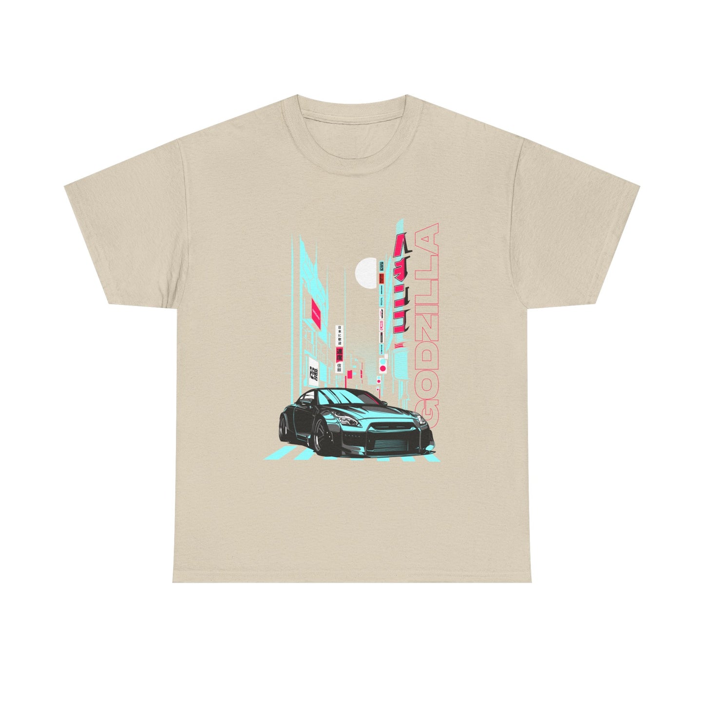 Chic beige men's graphic t-shirt with a unique design of a modern sports car against an urban backdrop, highlighting the word 'GODZILLA' in prominent typography, a must-have for fashion-forward attire.