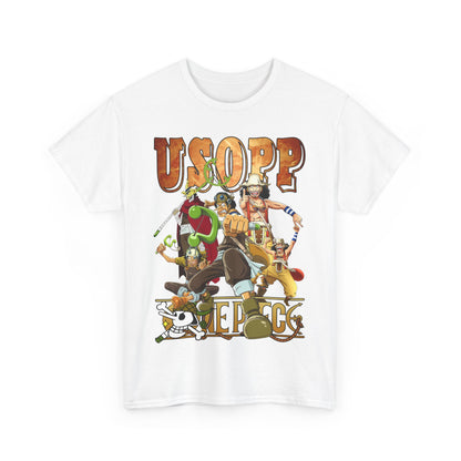 Front design of a premium white t-shirt featuring Usopp and iconic anime characters, exuding vibrant colours and artistic flair.