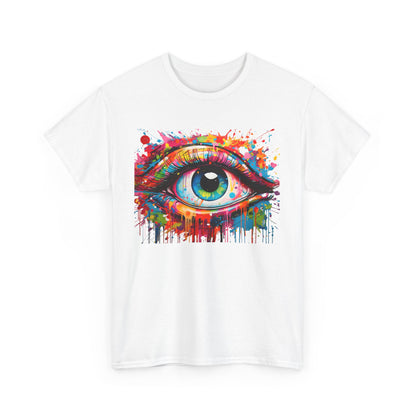 White Luxe T-Shirt displaying an eye-catching artistic eye design with bright splashes of colour, perfect statement piece for unique fashion.