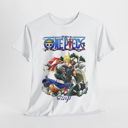 Luxurious white men's t-shirt featuring Sanji from One Piece with vibrant anime graphic and intricate details, perfect for anime enthusiasts.