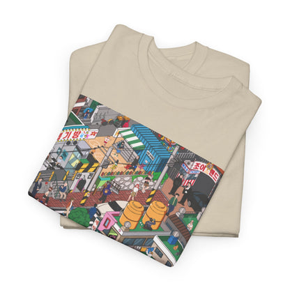 Stylish folded beige graphic t-shirt featuring a lively street scene design inspired by Squid Game, perfect for urban fashion enthusiasts.