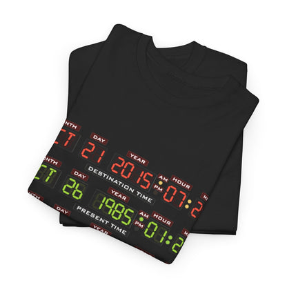 Back To The Future control panel Unisex Men's Women's Graphic T Shirt Tee elegantly folded, displaying its distinctive design inspired by the beloved time travel film.