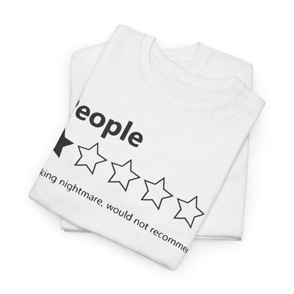 Elegant white t-shirt showcasing a unique funny design with the word 'People' in bold letters and a playful star rating system, perfect for making a statement.