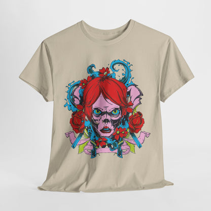 Elegant men's t-shirt showcasing a striking skull design adorned with red roses and intricate patterns, reflecting a unique artistic flair.