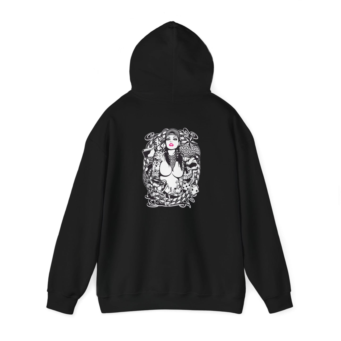 Stylish black hoodie featuring an intricate back print design with a bold tattoo aesthetic, showcasing floral, animal, and skull elements.