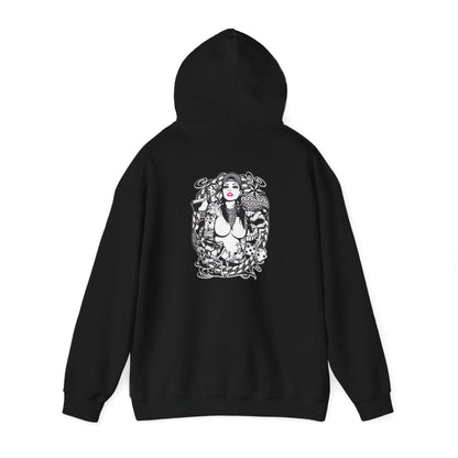 Stylish black hoodie featuring an intricate back print design with a bold tattoo aesthetic, showcasing floral, animal, and skull elements.