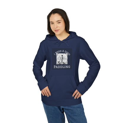 Model wearing the Adidas Women’s Fleece 'I Need a Good Paddling' Hoodie in navy, radiating style and comfort for water sports lovers.