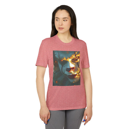 Front view of the Adidas Unisex Halloween Pennywise Cute T-shirt in coral, featuring a striking graphic of Pennywise, perfect for Halloween festivities.