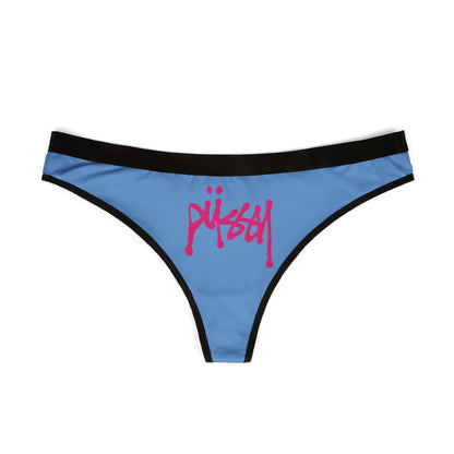 Chic blue women's thong panties featuring a striking pink typography of the word 'Pussy', a stylish addition to any lingerie collection for the confident woman.