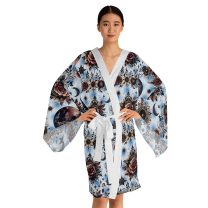 Elegant Floral Kimono Robe in white with stunning floral designs, showcasing long sleeves and a chic tie waist, perfect for sophisticated loungewear.