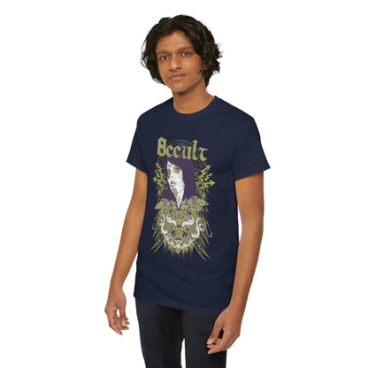 Chic male model posing in a luxurious graphic t-shirt, intricately designed with a Day of the Dead skull and botanical elements, offering a bold fashion statement.