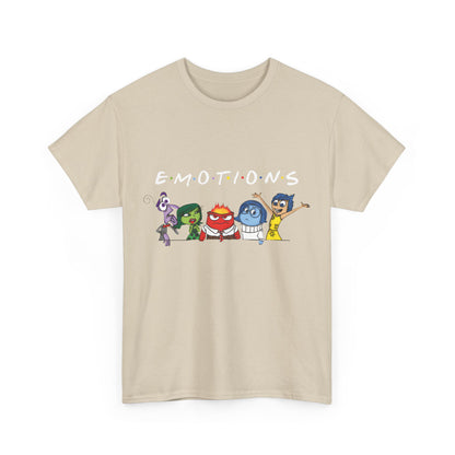 Front view of a luxurious beige unisex graphic tee displaying the 'Inside Out Friends' design, blending nostalgia and elegance.