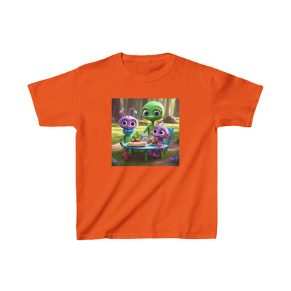 Kids Cute Aliens Heavy Cotton T-Shirt in vibrant orange showcasing charming alien friends at a picnic, ideal for creative kids.