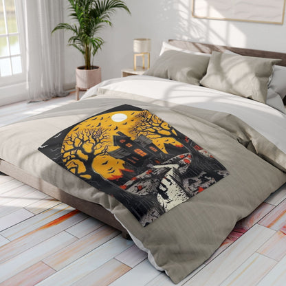 Stylish Decorative and Warm Halloween Spooky Arctic Fleece Blanket placed on a luxurious bed, enhancing the seasonal atmosphere with its vibrant Halloween designs.
