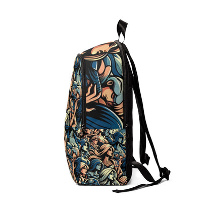 Close-up of the unique cartoon-inspired design on the Dazzling Dreams Studio Cosmopolitan Canvas Backpack, blending modern art and functionality.