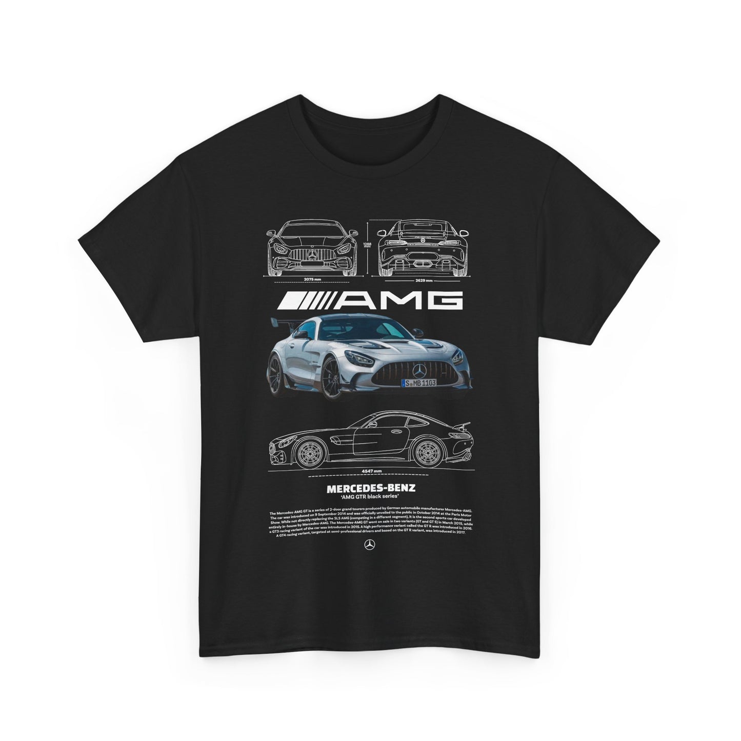 Sophisticated black t-shirt adorned with a detailed Mercedes AMG graphic, combining superior style with automotive elegance.