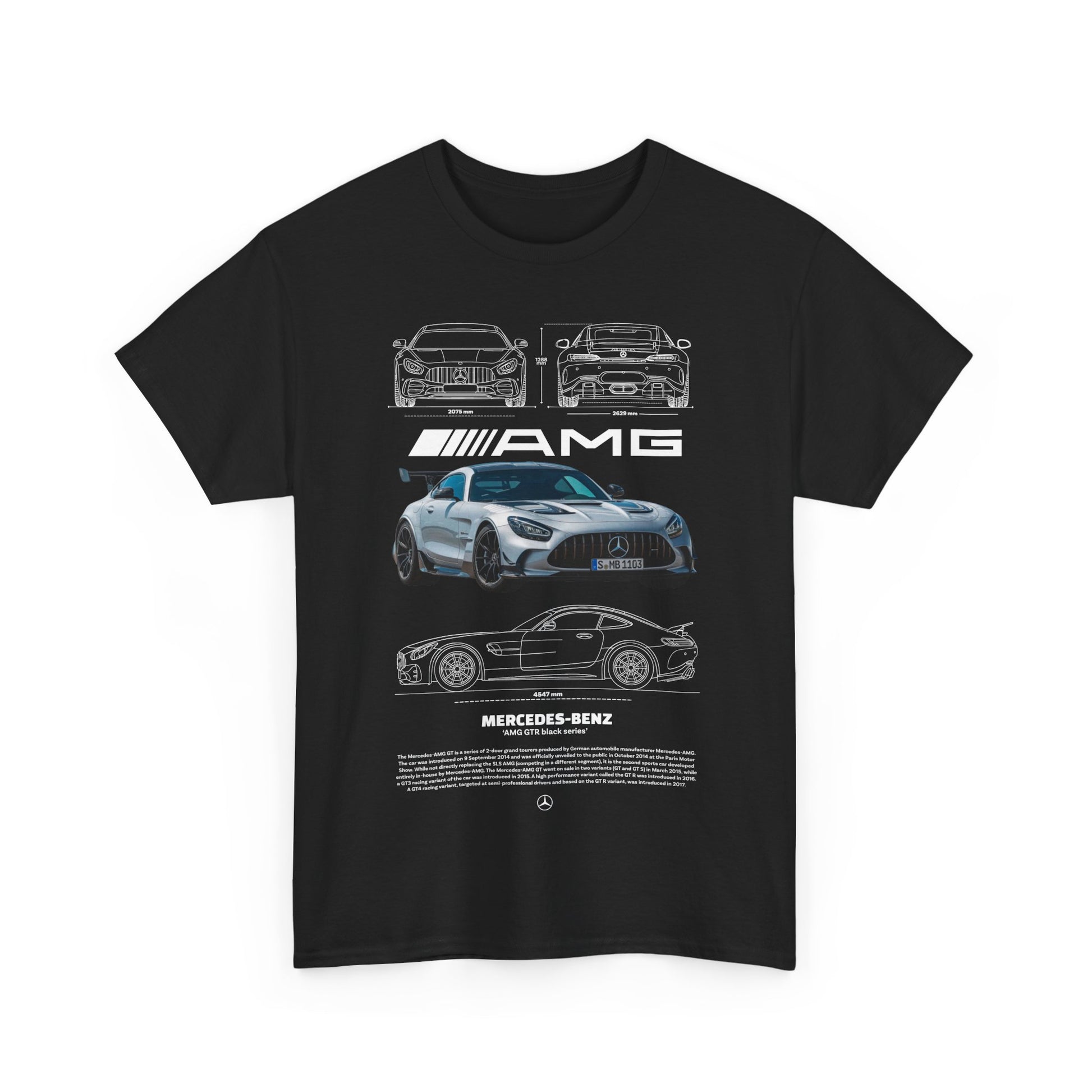 Sophisticated black t-shirt adorned with a detailed Mercedes AMG graphic, combining superior style with automotive elegance.
