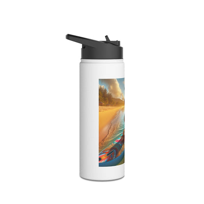 Luxury Fantasy Paddleboarding Stainless Steel Water Bottle adorned with a vibrant paddleboarding graphic on a white background, perfect for outdoor enthusiasts.