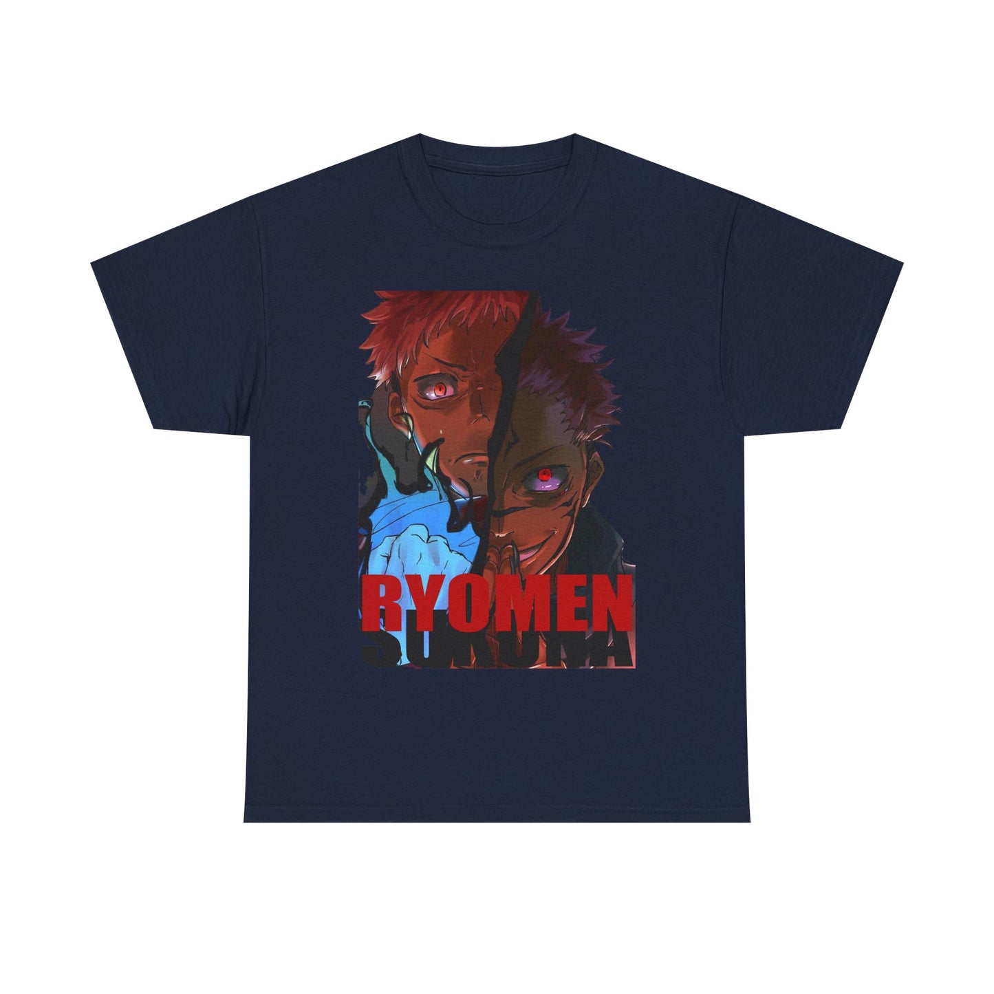 Sophisticated Ryomen Sukuna anime t-shirt in navy blue, featuring a stunning graphic portrayal of two powerful figures, designed for anime lovers.