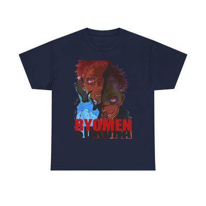 Sophisticated Ryomen Sukuna anime t-shirt in navy blue, featuring a stunning graphic portrayal of two powerful figures, designed for anime lovers.