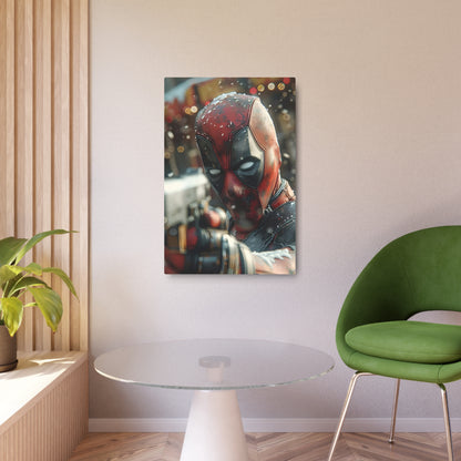 Stylish setting of the Stunning Deadpool Metal Art Poster displayed in an elegant room, showcasing its ability to elevate interior décor with a touch of playful sophistication.