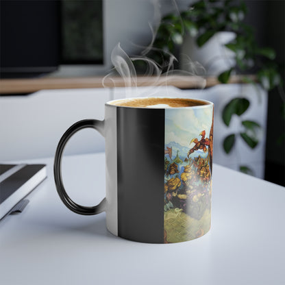 Discworld Guards Guards Heat Change Mug shown with steam rising from hot beverage, highlighting the luxurious color morphing design as the mug transforms.