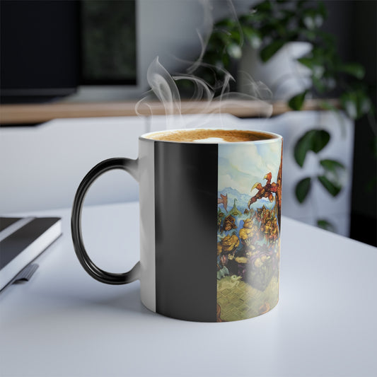 Discworld Guards Guards Heat Change Mug shown with steam rising from hot beverage, highlighting the luxurious color morphing design as the mug transforms.