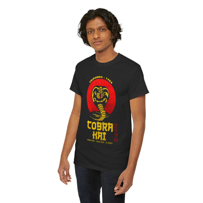 Elegant unisex Cobra Kai T-shirt showcasing a prominent snake logo with a vintage aesthetic, ideal for stylish casual wear.