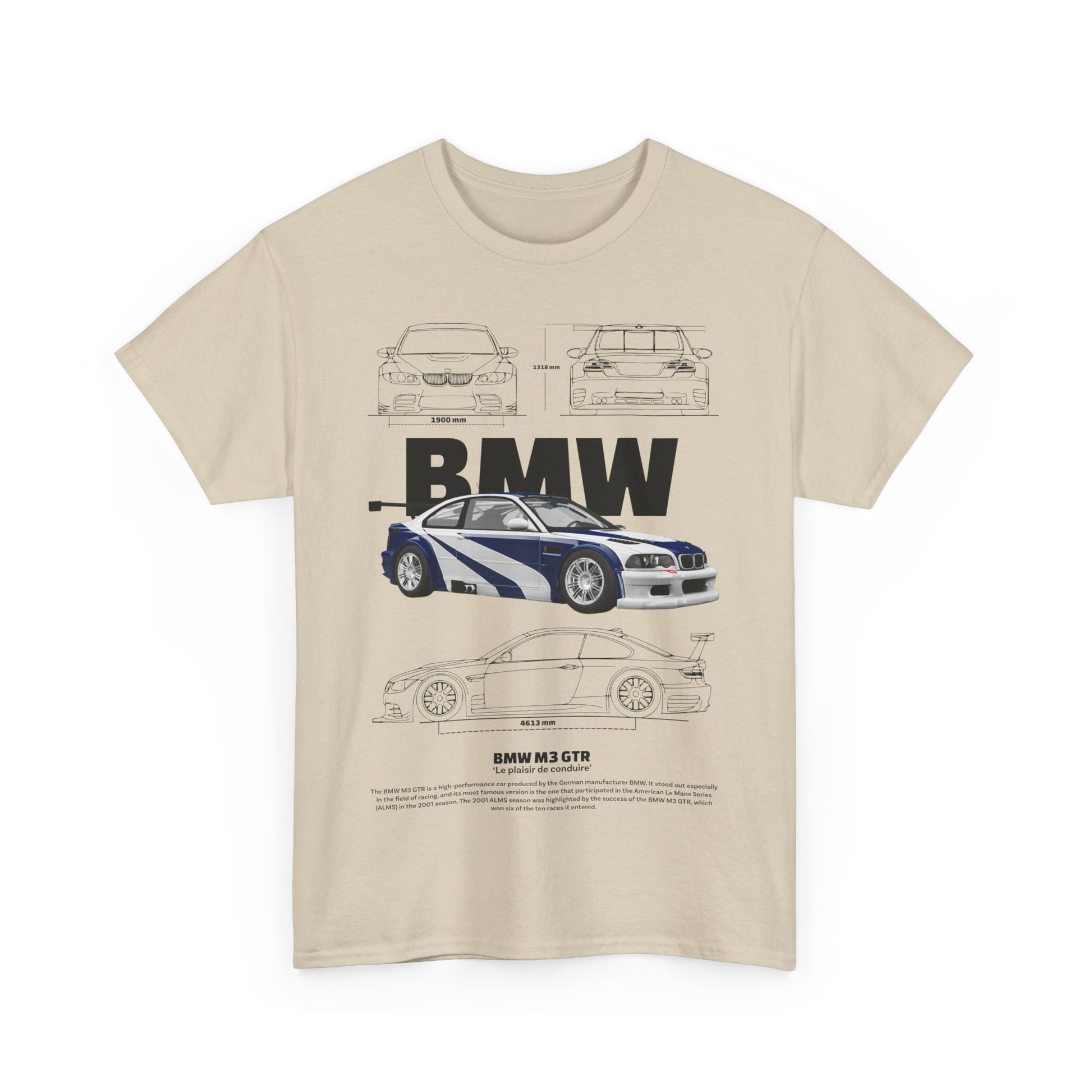Front view of an elegant beige T-shirt displaying an artistic illustration of the BMW M3 GTR alongside technical specifications, tailored for discerning car aficionados.