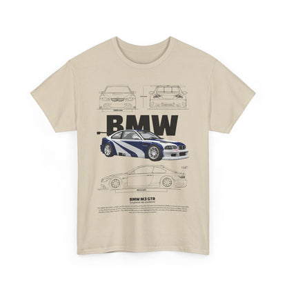 Front view of an elegant beige T-shirt displaying an artistic illustration of the BMW M3 GTR alongside technical specifications, tailored for discerning car aficionados.