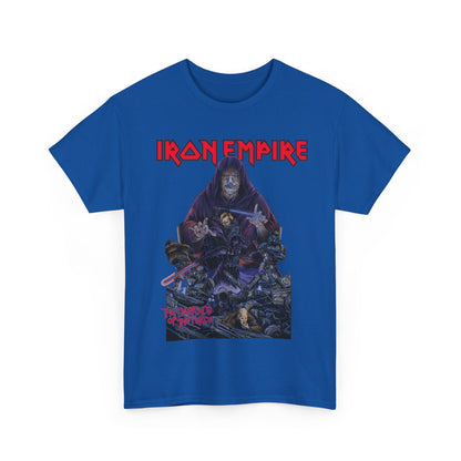 Front view of the Iron Empire Graphic Tee – Unisex Darth Sidious & Vader Design in Premium Cotton, displaying a striking blue and intricate graphic.