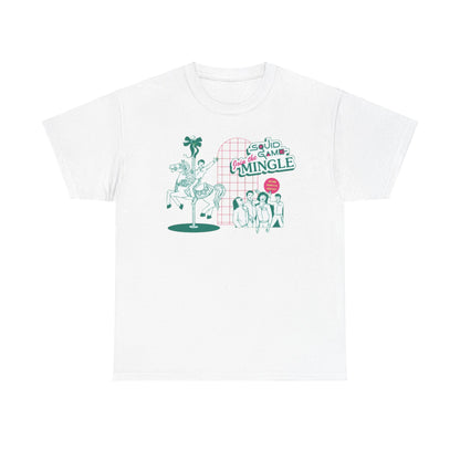 Elegant unisex white t-shirt showcasing a chic Squid Game graphic, illustrating characters joyfully mingling alongside a whimsical horse motif.