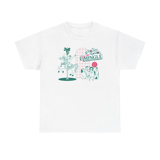 Elegant unisex white t-shirt showcasing a chic Squid Game graphic, illustrating characters joyfully mingling alongside a whimsical horse motif.