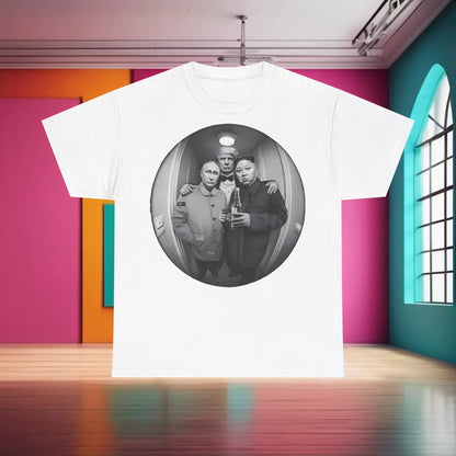 Meet The Neighbours Funny Gift Graphic T-Shirt featuring Donald Trump, Vladimir Putin, and Kim Jong-un sharing a jokey moment in an elevator, perfect for political satire lovers.