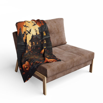 Decorative and Warm Halloween Spooky Arctic Fleece Blanket draped elegantly over a chic sofa, featuring a spooky Halloween design with bats and pumpkins, bringing a touch of elegance to your seasonal decor.