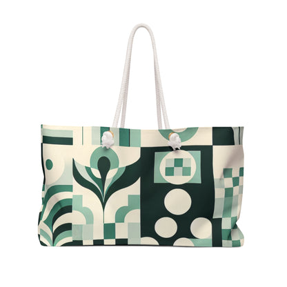 Daria Bellucci Pastel Green Weekender Bag by Dazzling Dreams Studio featuring a chic checkerboard and block print design, crafted from luxurious canvas material.