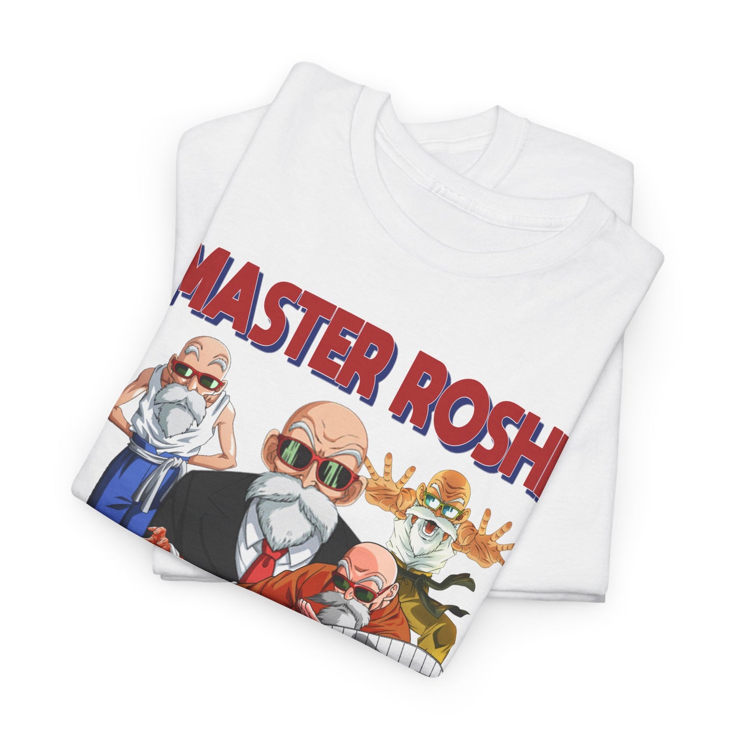 Elegantly folded white T-shirt displaying Master Roshi from Dragon Ball Z, highlighting colourful graphics and premium fabric, ideal for showcasing your anime passion with style.