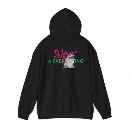Sophisticated black hoodie showcasing a bold back print with 'Passion IS EVERYTHING' in hot pink and fresh green, highlighted by an artistic black and white woman's portrait.