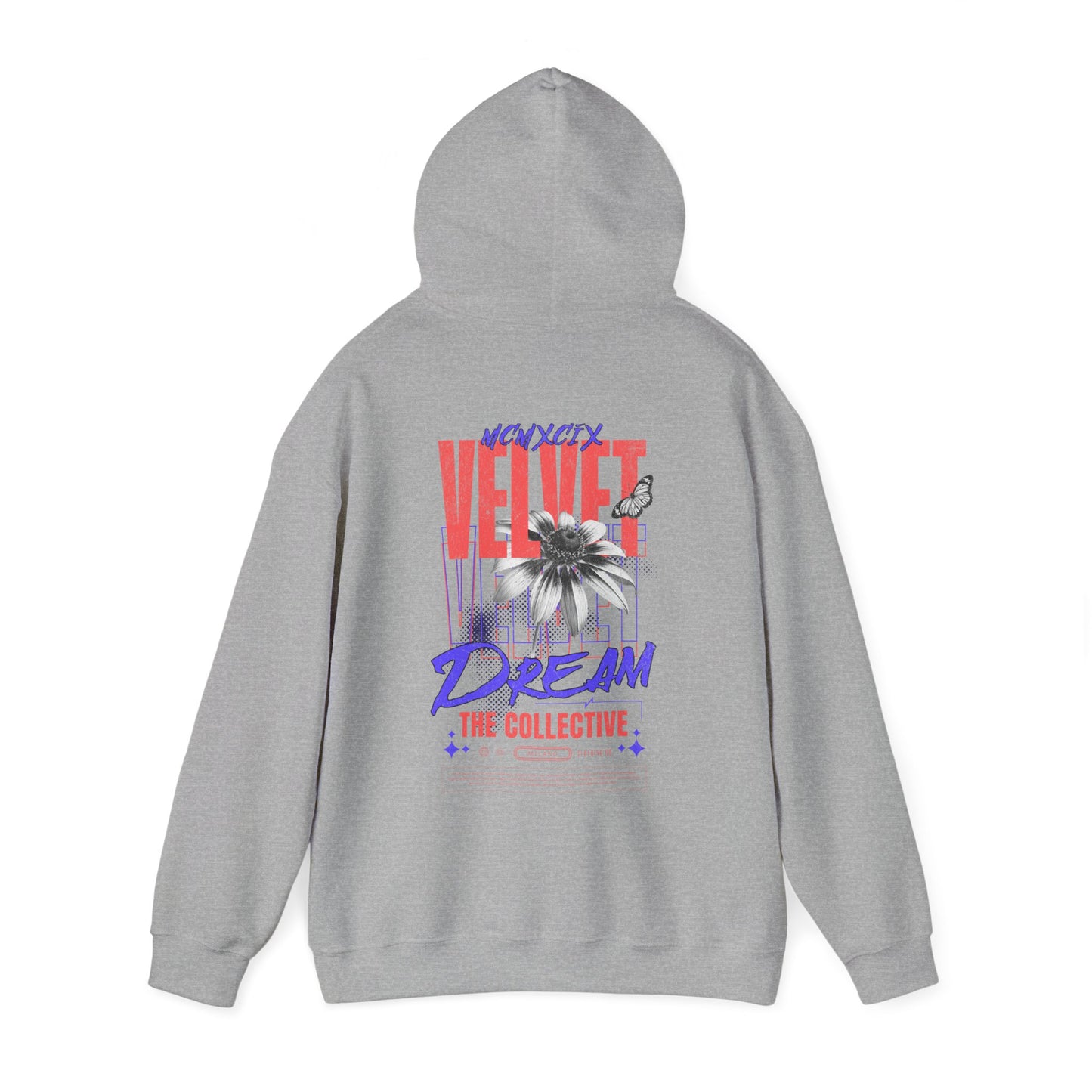 Stylish grey hoodie with a prominent back graphic showcasing 'VELVET DREAM', complemented by elegant floral and butterfly prints, ideal for trendy casual wear.
