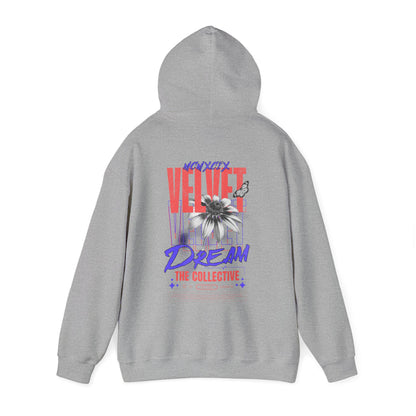 Stylish grey hoodie with a prominent back graphic showcasing 'VELVET DREAM', complemented by elegant floral and butterfly prints, ideal for trendy casual wear.