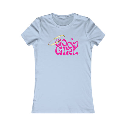 Elegant fitted women's t-shirt featuring the playful 'Good Girl' design with a golden halo and vibrant magenta lettering, perfect for showcasing your cheeky style.